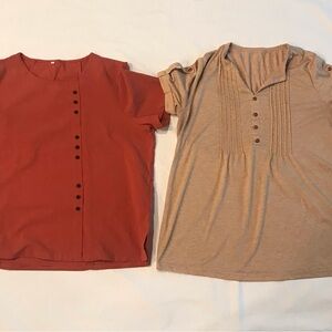 2 -  Women's Casual Crew Neck Short Sleeve Summer Blouses ( Rust and Khaki - XL)